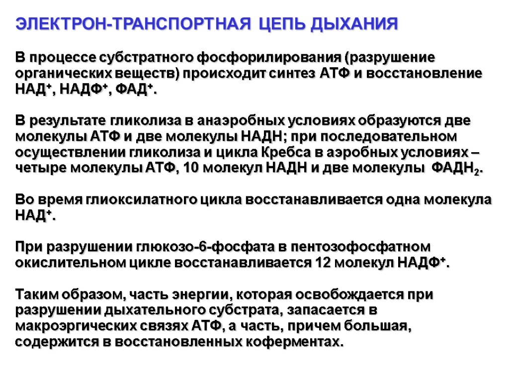 ЭЛЕКТРОН-ТРАНСПОРТНАЯ ЦЕПЬ ДЫХАНИЯ В процессе субстратного фосфорилирования (разрушение органических веществ) происходит синтез АТФ и